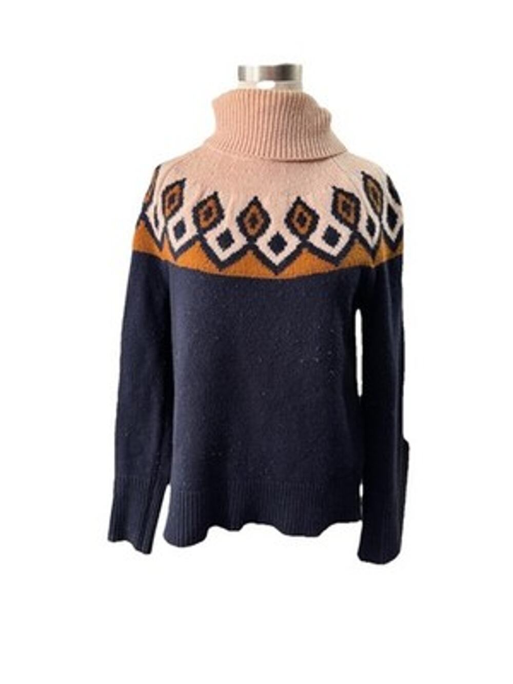 J.Crew Fair Isle Merino Wool Turtleneck Sweater - Geometric - Size XS Navy & Tan